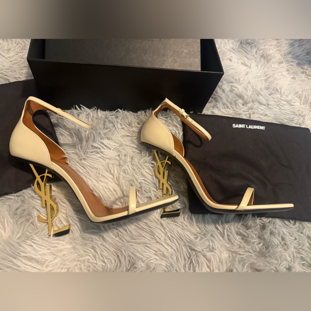 SAINT LAURENT Beige Opyum Ankle Strap YSL Logo Heel Leather Sandal / Size 41